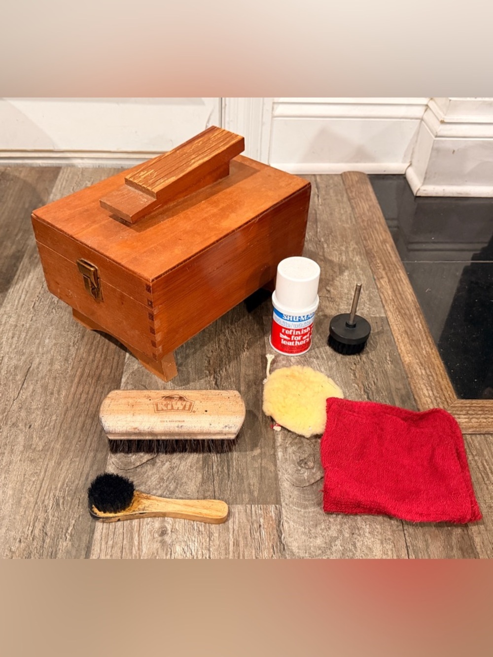 Vintage Wooden Shoe Shine Box with Brushes & Polishing Supplies